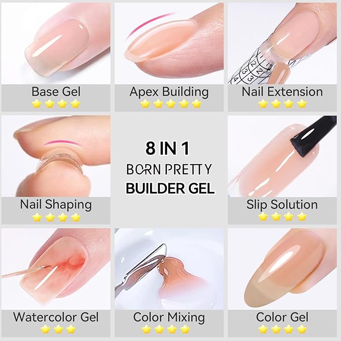Born Pretty Builder Gel for Nails 8 in 1,Nude Skin Tone Strengthener Glue Apex Enhancement Extension Hard Building Nail Gels Base Gel,Thickening Extension Rhinestone Glue in a Bottle