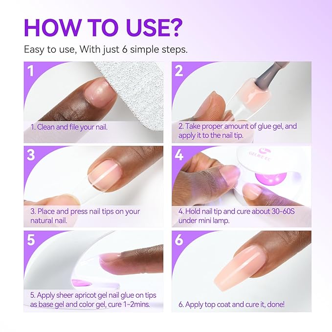 Gelike EC Gel Nail Glue UV Light: Nude 6 in 1 Adhesive Gel Nail Polish, Strong Nail Glue for Press On Nails Nails Acrylic Tips, Long Last - Nail Art Gift for Home Salon Beginner DIY