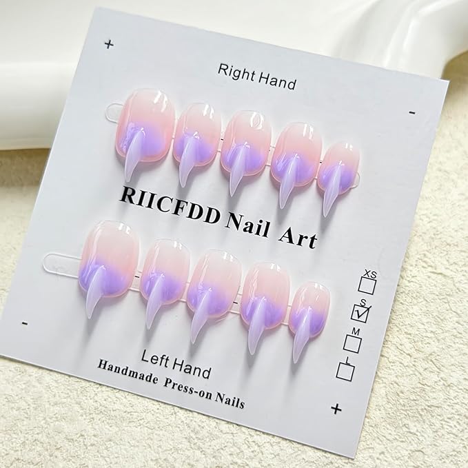 10 Pcs Curved Press on Nails Stiletto Medium Cat Claw Handmade Nails Press Ons Unique 3D Purple French Tip Cat Claw False Nails Thick Gradient Designs Stick on Nail Reusable Glossy Acrylic Nail (S)