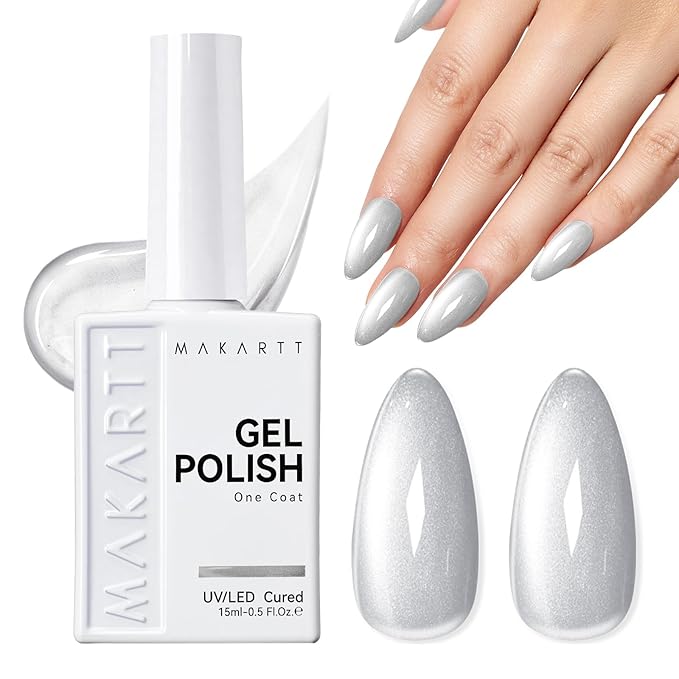 Makartt Glass Cat Eye Gel Nail Polish 15ml One N'Done Glitter Glassy Silver Gel Polish Cat Eyes Soak Off High-Gloss Glass Like Shine, Salon-Grade UV Nail Art Manicure DIY Salon Home - Studio Light