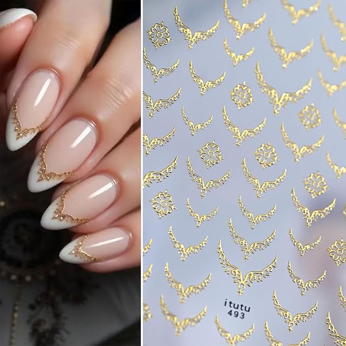 French Tip Nail Stickers for Nail Art 5D Embossed Gold Nail Stickers Metal Nail Decals Retro Gold Nails Art Design Supplies for Women Girls DIY Manicure