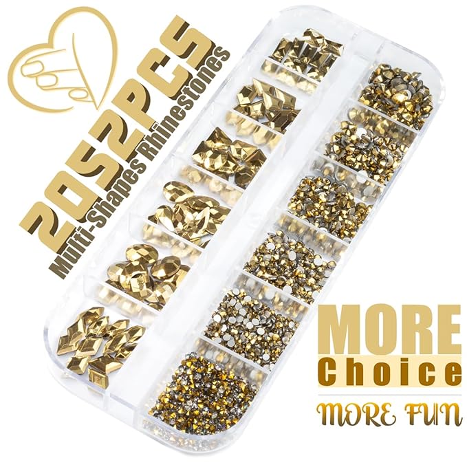 2052Pcs Mine Gold Nail Rhinestones 72 Multi Shapes Flatback metallic golden Rhinestones Gems +1980 Round Beads K9 Glass Nail Stones Diamonds Nail Art Supplies for Nails Faces Eyes Makeup Crafts
