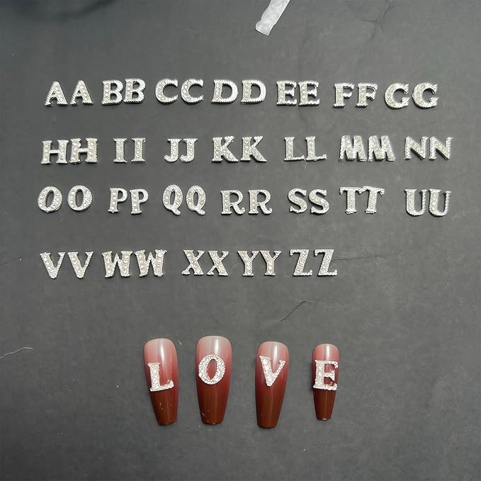 52 Pcs 3D Silver Nail Charms Letters Initial Charms for Nails Nail Letter Charms Alphabet Rhinestone Letter Nail Charms for Nail Art Design Decoration DIY Craft