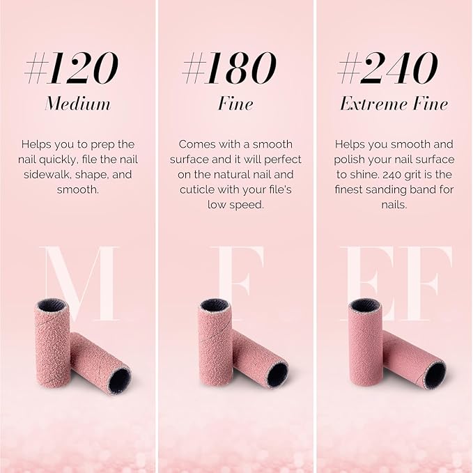 MelodySusie 50 Pcs Nail Drill Bits Super Long Sanding Bands with 6.65mm Crystal Mandrel Bit, 120 Medium Grit Nail File for Acrylic Nails Gel Manicures and Pedicure, Pink