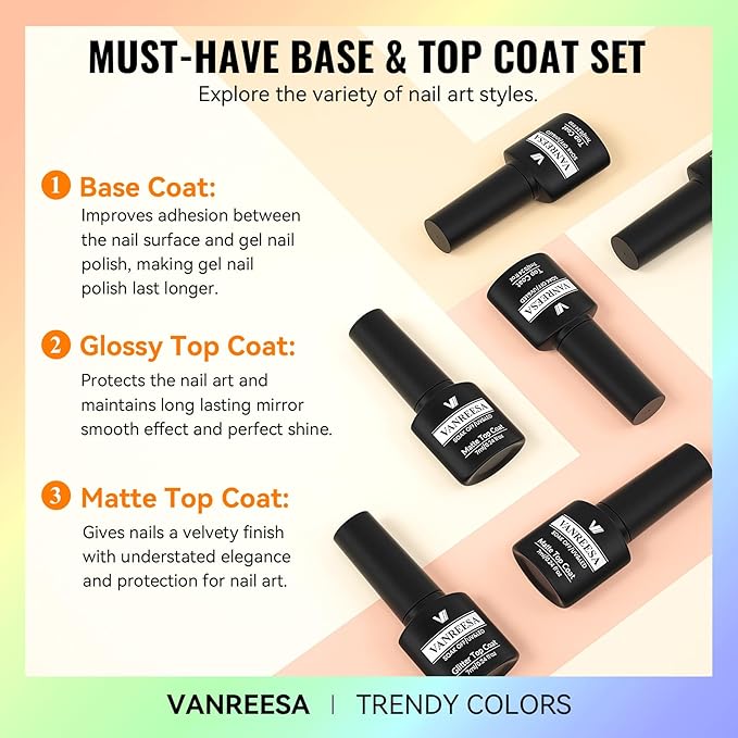 VANREESA 24 Pcs Gel Nail Polish Set, 21 Colors Bright Gel Polish with Base Coat Glossy & Matte Top Coat Red Orange Yellow Green Blue Pink Purple Gel Polish Kit Nail Kit Gifts for Women