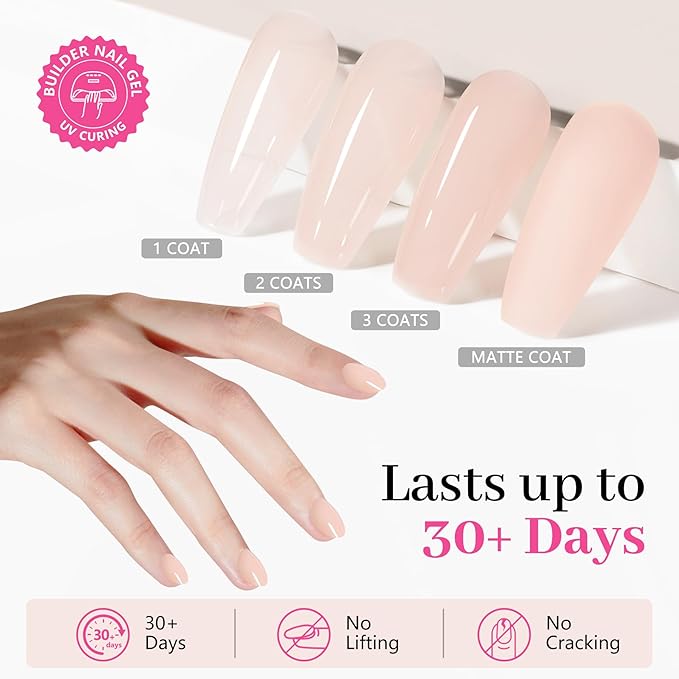 Builder Nail Gel Polish, 8-in-One Building Strengthener Apex Enhancement Extension Hard Jelly Nude Gel Polish LED Lamp Cured Rubber Base Coat for DIY Manicure Home Beauty Gifts for Women