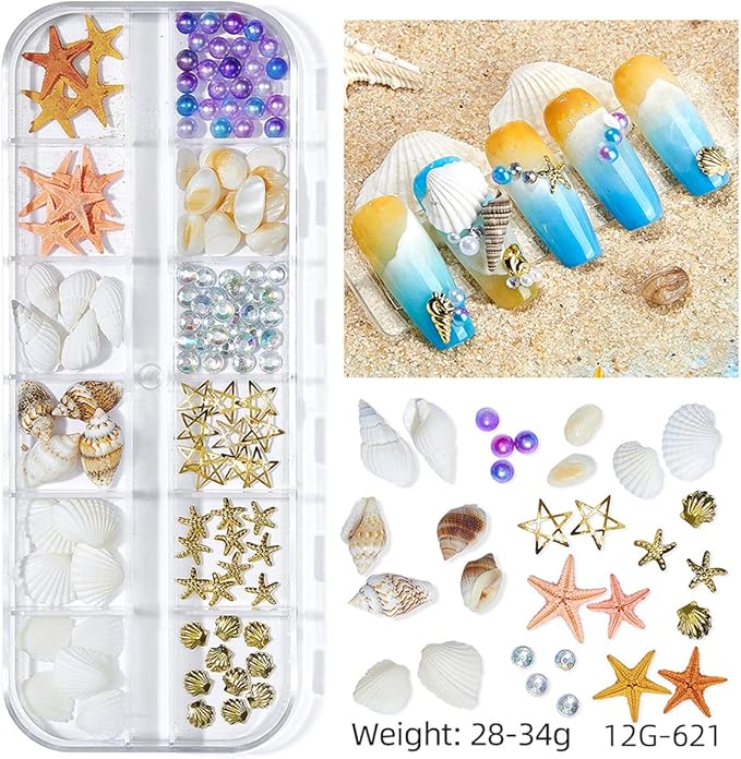 3 Boxes Summer Beach Nail Art Rhinestones, 3D Ocean Nail Charms Starfish Conch Sea Series Nail Art Designs Accessories Nail Art Rivets Manicure DIY Seashell Nail Decorations for Women Girls