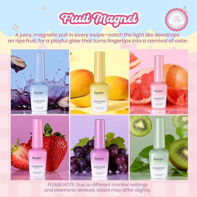 Beetles Fruit Magnet Cat Eye Gel Nail Polish Set - 6 Colors Spring Gel Polish Kit Glitter Cat Eye Pink Purple Blue Yellow Green Magnetic Shine Soak Off UV Salon DIY Manicure Gift for Women