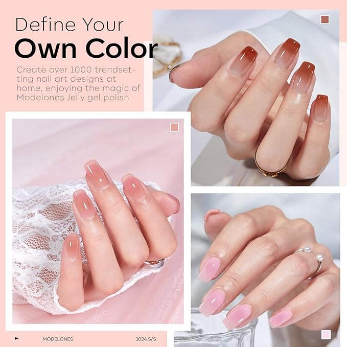 modelones Jelly Gel Nail Polish 6 Colors Hema Free Transparent Jelly Milky Pink Sheer Pink Neutral Nude Gel Polish Nail Soak off Nail Polish French Nail Art Manicure DIY Home Salon Gift Women