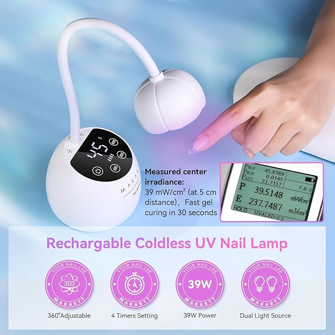 Makartt UV LED Nail Lamp - Gooseneck UV Light for Gel Nails Cherie Cordless USB 39mW/cm² LED Gel Lamp with 4 Times & Auto Sensor Fast Flash Curing Light for Salon Use (White)