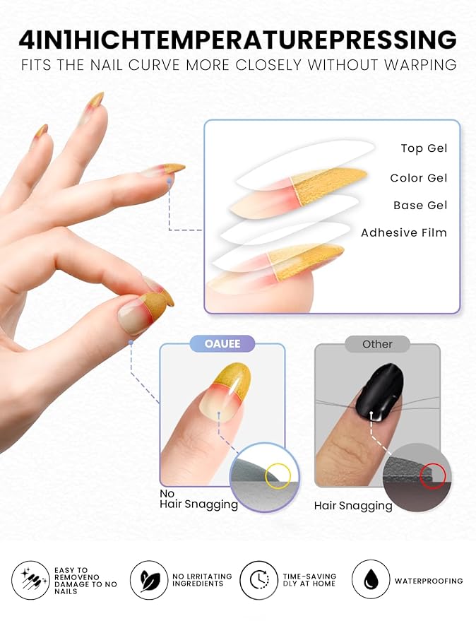 Semi Cured Gel Nail Strips | Built-In Gel Top Coat | UV Light Required | Salon Quality, Easy Application And Removal (Gilded Crescent）