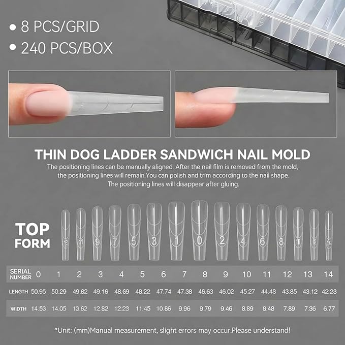 Nail Dual Forms 240Pcs Coffin - Long Nail Extension Molds for Polygel Builder Gel Professional Nail Art Kit 15 Sizes | Glirops