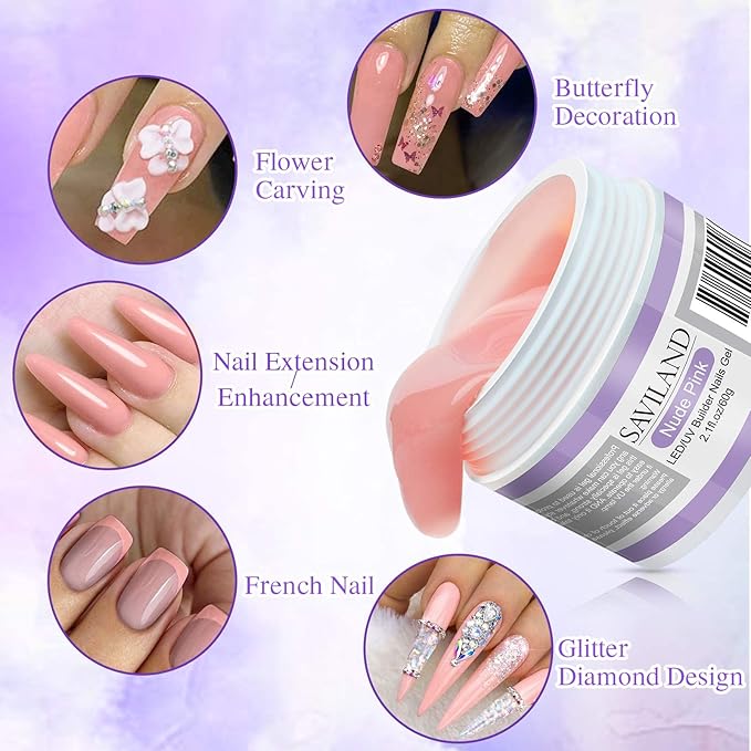 Saviland Builder Nail Gels Kit - 60 g Nudes Pink Nail Extension Gel Set Nail Strengthen Hard Gel Nail Art Manicure Set with Acrylic Nail Brush & 100PCS Nail Forms for Beginners