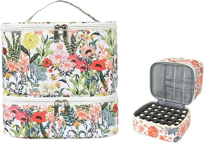 Nail Polish Organizer Aesthetic Nail Organizers and Storage, Bow Nail Supplies Kit Organizer Travel Carrying Case for Manicure Tools (Floral G, 2 Layer)