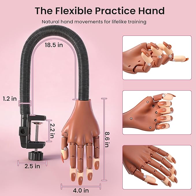 Rolybag Practice Hand for Acrylic Nails, Flexible Nail Practice Hands, Mannequin Hand for Nails Kit for Beginners, Movable Fake Hand with 200PCS Replacement Nail Tips