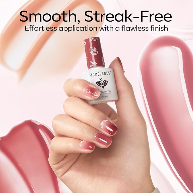 Modelones Jelly Gel Nail Polish Kit with UV Light, Christmas Sheer Pink Nude Red Brown Jelly Gel Polish with Base Top Coat Pearl Chrome Powder 4 Transparent Colors Mini Salon Nail Art Gift