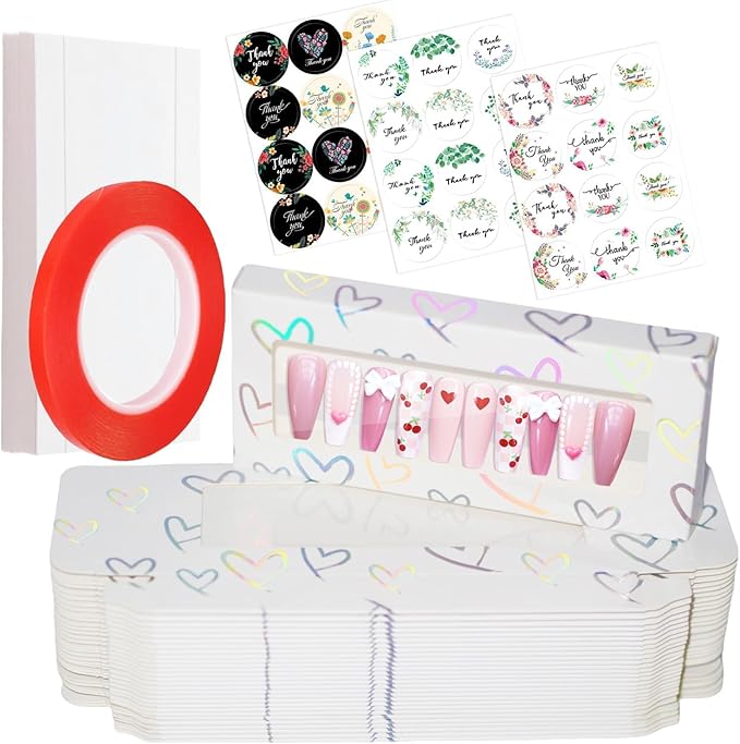 74PCS Press on Nails Packaging Box Set Includes 35PCS Empty Nail Package Box 35PCS White Background Paper 1 Double Sided Tape and 3 Thank You Stickers for Press on Nail Business