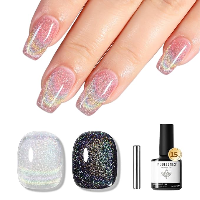 modelones Cat Eye Rainbow Gel Nail Polish Silver Glitter Holographic Glass 9D Cat Eye Gel Polish with Magnet Stick Soak Off U V Nail Lamp Summer Nail Art Top Coat Manicure Salon DIY Home 15 ML