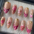 Luxury Press on Nails Medium Almond Handmade 3D Unique Reusable ABS Material Fake Nails Pink French Tip False Nails with Designs Pink Floral Polka Dots Glossy Glue on Nail Thick Acrylic Nail(M)