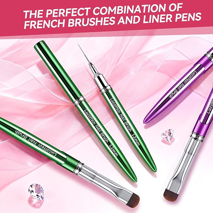 Nail Art Brushes Set 2-Piece: French Tip Brush and 12mm Liner Brush for Gel Clean Up, Smile Lines & Nail Design (Purple)