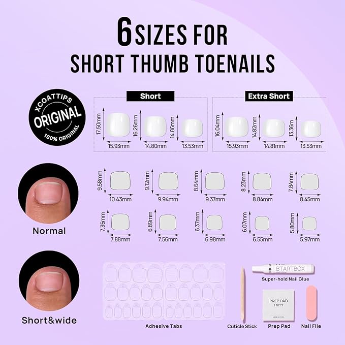 BTArtbox Press on Toenails Short, White Press on Toe Nails Square, Light Weight & Fit Perfectly Glue On Toe nails with Glue, Fake Toenails in 16 Sizes- 32 Toenails Kit, Pure Chic