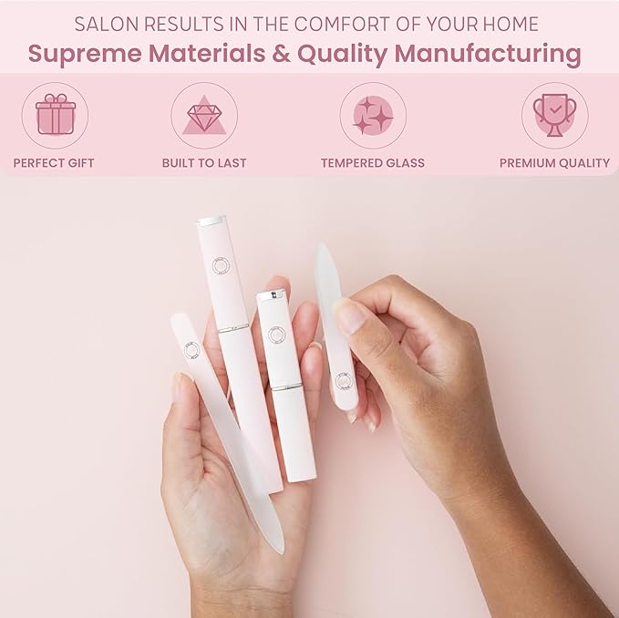 Malva Belle Best Crystal Glass Nail File for Women - File & Travel Case Set - Heavy Duty for Natural Nails, Gel - Professional Nail Shaper – Nail Care Essentials - Pastel Pink Gift Set