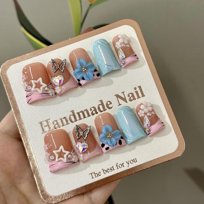 Duck Press on Nails Handmade Fake Nails Short False Nails with Glue,Muti-Layer Gel Thick Press ons Nail 3D Flower Art ＆ Luxury Gems Design Reusable Pink French Nails for Women(Size S)
