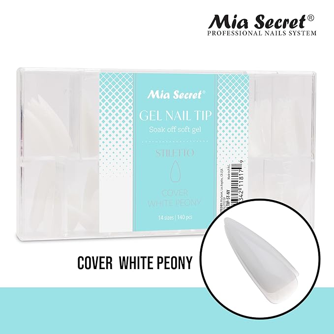 Mia Secret Soak off Soft Gel Nail Tip MADE IN USA for Salon and DIY (White Peony, Stilleto)