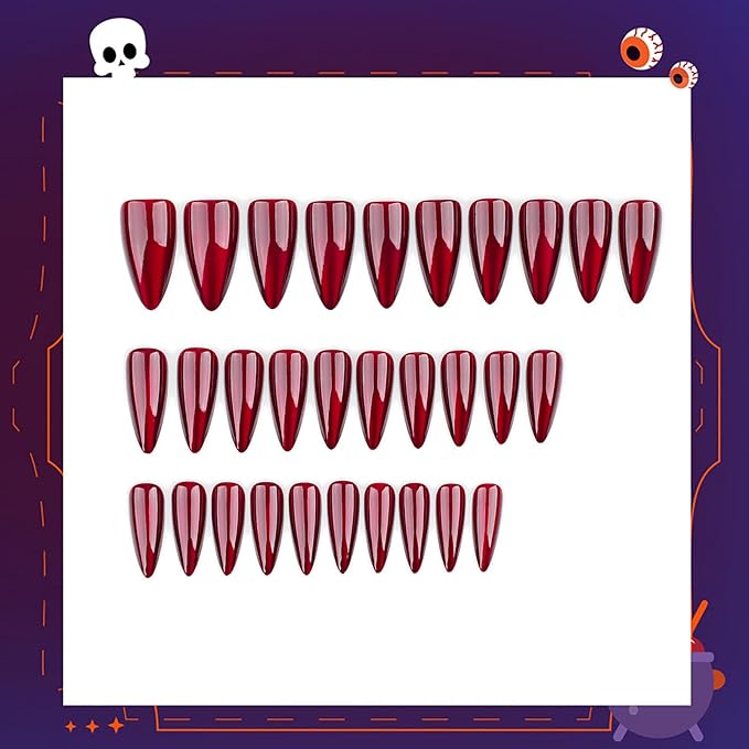 Halloween Press on Nails Blood Red Fake Nails with Gradient & Glitter Design Shiny Witch Fake Nails Full Cover Glossy Acrylic Nails Stick on Nails for Women Girls Party Cosplay Nail Art Decor