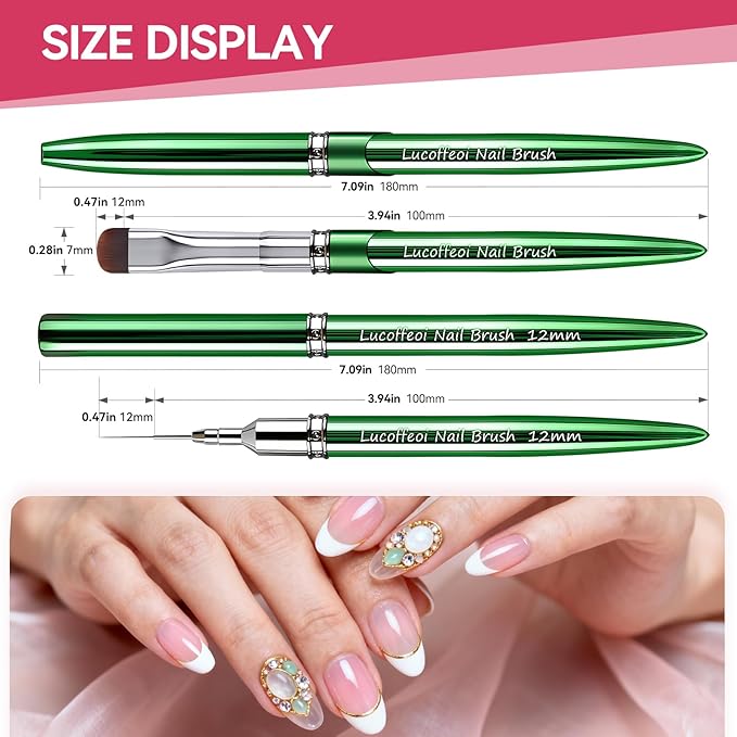 Nail Art Brushes Set 2-Piece: French Tip Brush and 12mm Liner Brush for Gel Clean Up, Smile Lines & Nail Design (Green)