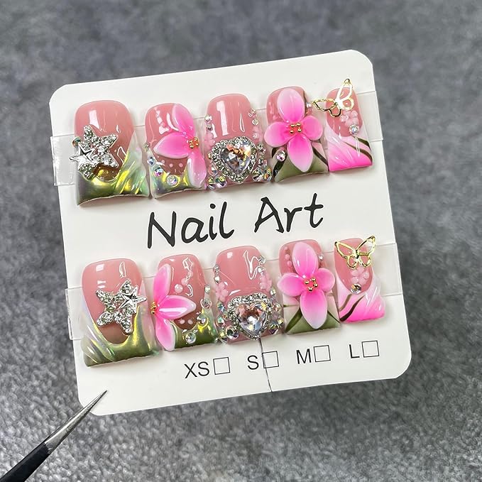 Handmade French Tip Press on Nails Short Duck 3D Thick Acrylic Nails Luxury False Nails with Rhinestones Flower Designs Pink Floral Fake Nail Sturdy Art Press on Nail 10Pcs(S)