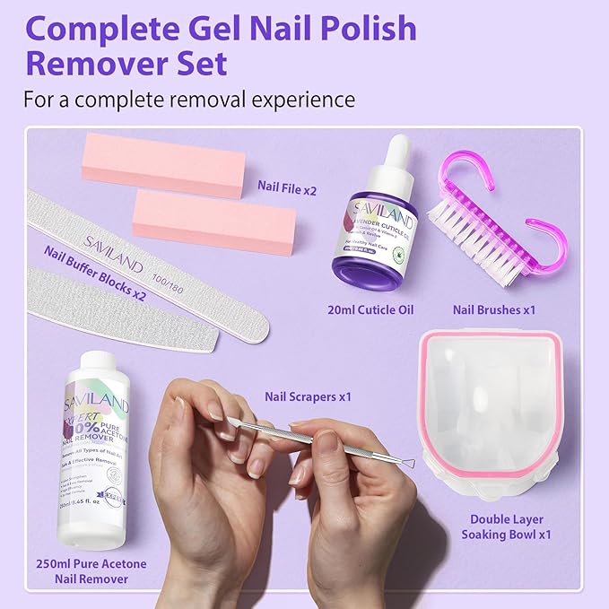 SAVILAND Nail Polish Remover Kit: Gel Nail Polish Remover with Cuticle Oil Nail Soaking Bowl Complete Removal Tools for Effective Removal of Gel Polish Acrylic Dip Powder Home Use 8.45 OZ