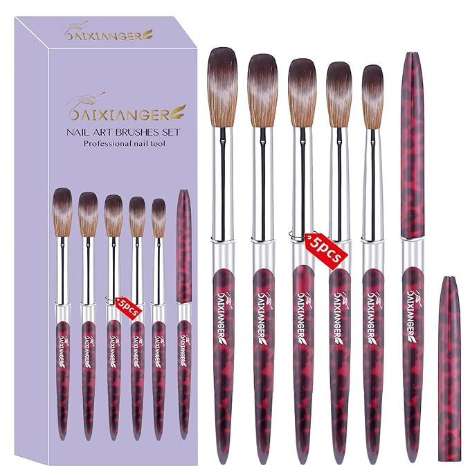 5PCS Professional Acrylic Nail Brush Set - Size 10/12/14/16/18 Brushes for Acrylic Powder Application, 3D Carving & Nail Art Extension, Leopard Print Handle Nail Tools for Salon Manicure