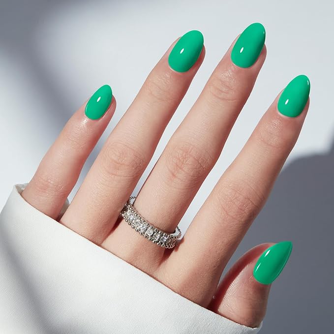 modelones Bright Green Short Press on Nails, Oval Fake Nails Kit Press Ons with Nail Glue, Adhesive Tabs, Nail File, Prep Pad, Manicure Stick, 32Pcs 16 Sizes, Spring Women Girl Gift
