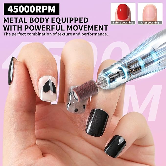 Professional Electric Nail Drill Kit 45000RPM with Bits and Base Pink Portable Rechargeable Cordless Nail E- File Machine for Acrylic Gel Powder Nails and Manicure Pedicure Toenail Tool Set