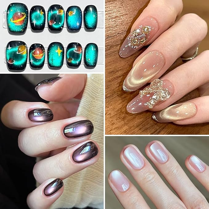 Nail Magnets for Cat Eye Gel Polish, Ball & Cylindrical Magnets with French Tip Metal Plate and Ring Plate for Halo, Glass Bead & French Cat Eye Effects, Manicure Magnetic Tool Kit