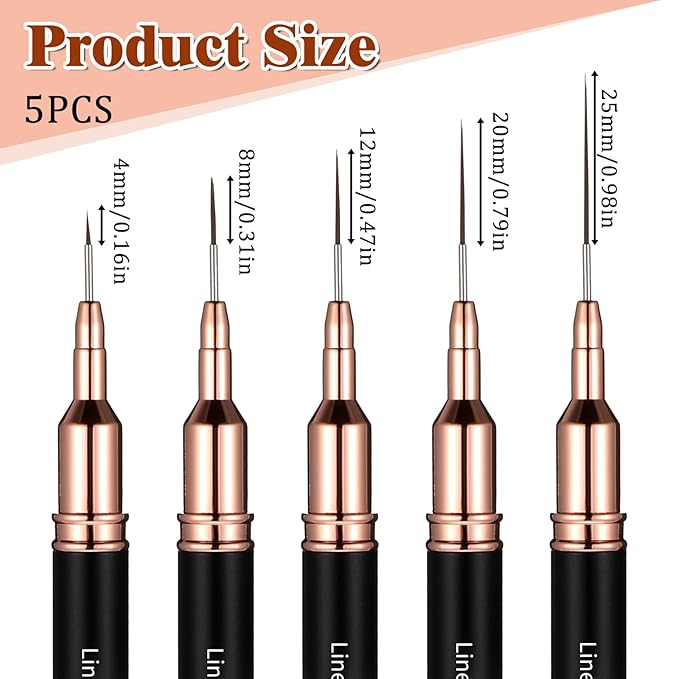 5 PCS Nail Liner Brush, Fine Nail Art Brushes, Nail-Art Liner Brushes Black UV Gel Polish Painting Tools for Long Lines, Thin Details, Fine Drawing, Sizes 4/8/12/20/25mm