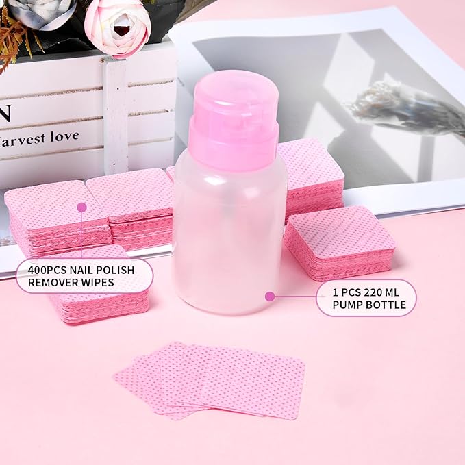 400pcs Lint Free Nail Wipes Kit - Pink Gel Nail Polish Remover Wipes with 1pcs Nail Polish Remover Pump SHEERBLISS Lash Extensions Glue Cleaning Wipes with Empty Lockable Acetone Pump Dispenser 220ml