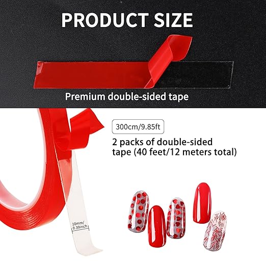 Mozeat Lens 2 Rolls Double Sided Tape for Press on Nails Adhesive Strong Sticky Nail Tapes Waterproof Removable Traceless Clear Mounting Tape for Salon Nail Tips Colors Designs Showcase, 20FT