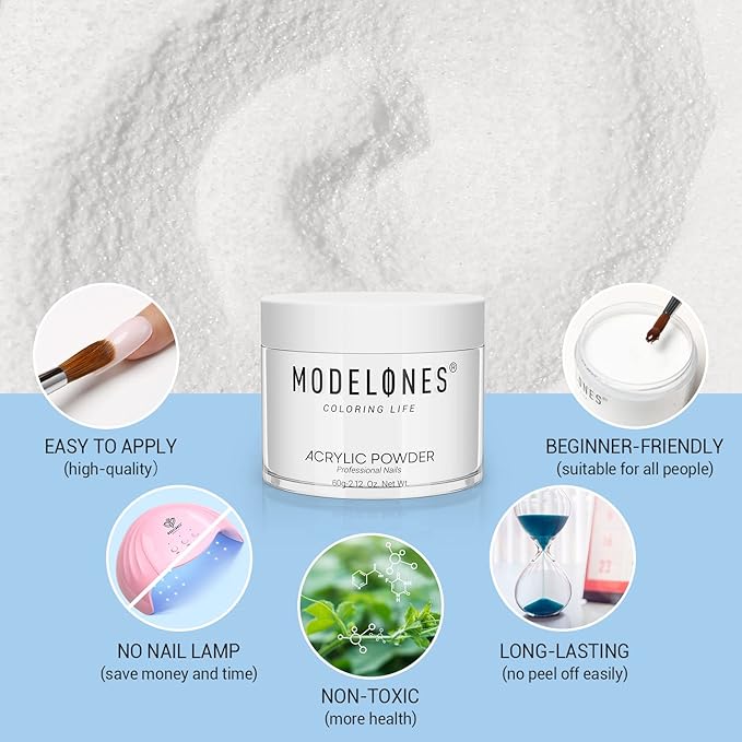 Modelones Acrylic Powder, 2.12oz Transparent Professional Clear Acrylic Nail Powder for Nails Extensiosn French Naisl Art 3D Flowers, Carving, Beginner-Friendly