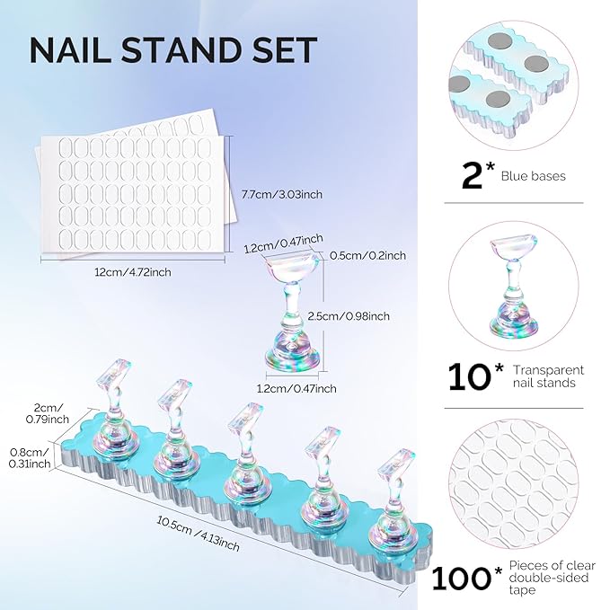 MelodySusie Nail Stand for Press Ons, 2 Sets Blue Acrylic Magnetic Base for Painting Display Holder with Reusable Adhesive Putty for Home DIY Salon Supplies