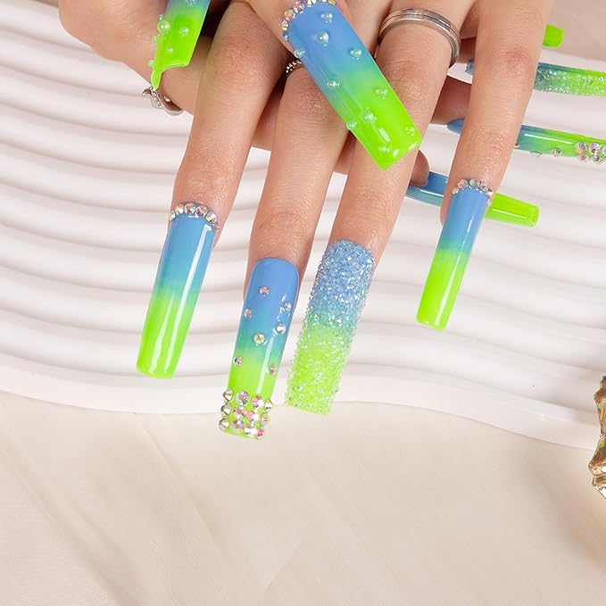 LOVFUL Press on Nails Dreamy Sky Luxury| Handmade with Full Covered Crystals| Reusable Fake Nails| Square Mid length 1.7in| H69-S