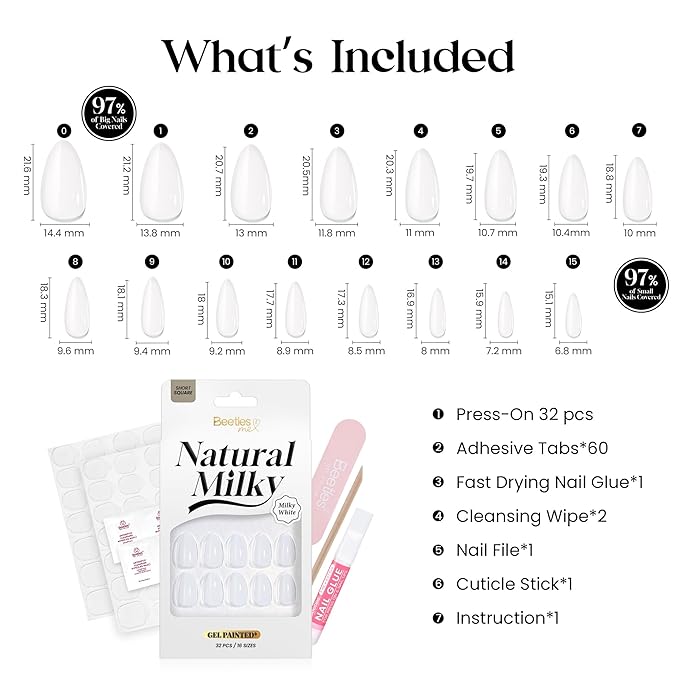 Beetles Natural Milky White Press On, Short Oval Press On Nails, Soft Nail Gel Nail Kit with Fast-Dry Nail Glue & Adhesive Tabs, 32pcs 16 Sizes, Girls Stick On Nails for Women