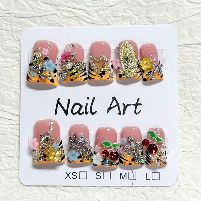10 Pcs Duck Press on Nails Medium Handmade Fake Nails French Tip with 3D Flower Butterfly Cherry Design Leopard Print False Nails Glossy Acrylic Artificial Full Cover Stick on Nail for Women（M）