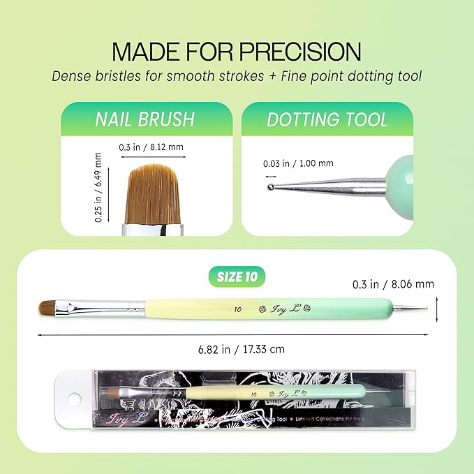 Ivy-L Premium 2 Ways French Gel Acrylic Nail Art Kolinsky Brush with Dotting Tool for Professional Manicure Nail Art Design Cuticle Clean-up + Lime Green Wood Handle (Size 10)