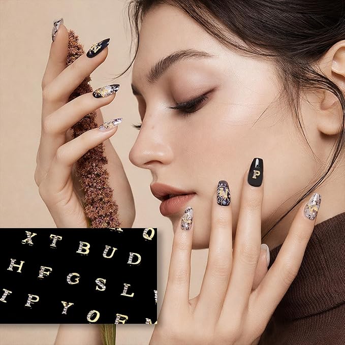 104pcs Rhinestone Letters Nail Studs Gold Silver 3D Nail Charms Letters