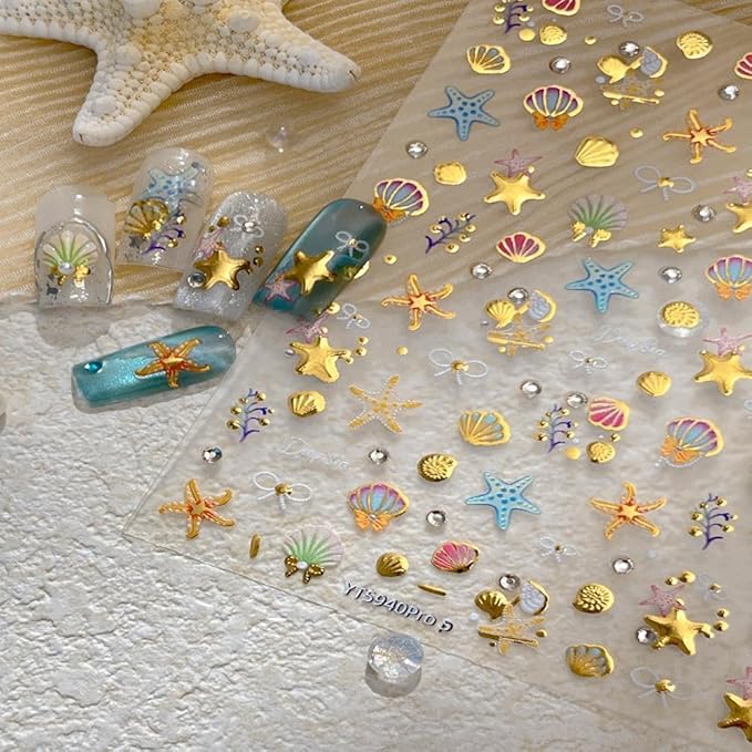 Gold Star Nail Stickers Golden Starfish Nail Supplies 5D Embossed Pearl Shell Nails Designs 3D Self-Adhesive Rhinestone Bow Nail Decals Ocean Nail Art Decoration for Women Girls DIY Manicure 1 Sheet