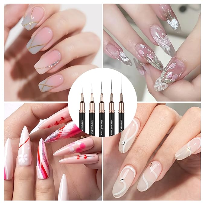 5 PCS Nail Liner Brush, Fine Nail Art Brushes, Nail-Art Liner Brushes Black UV Gel Polish Painting Tools for Long Lines, Thin Details, Fine Drawing, Sizes 4/8/12/20/25mm