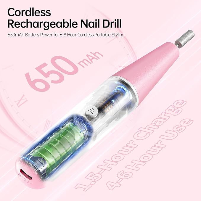 Electric Nail Drill Kit, Electric Nail File Cordless Nail Drill Machine for Acrylic Gel Dip Powder Nails, Professional Portable Manicure Pedicure Rechargeable Lightweight for Home Salon Use