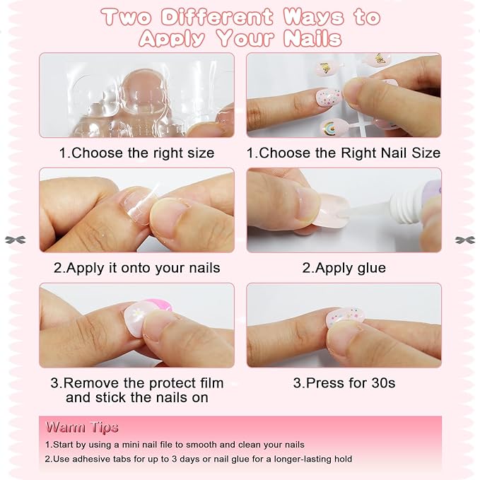 SIUSIO 3Pack Children Acrylic Fake Nails, 72pcs Press on Full Cover Daisy French Tips Short Almond False Nail Art Kits Set with Sticker Tabs Nail Glue Gel for Kids Little Girls Women - Spring Memory